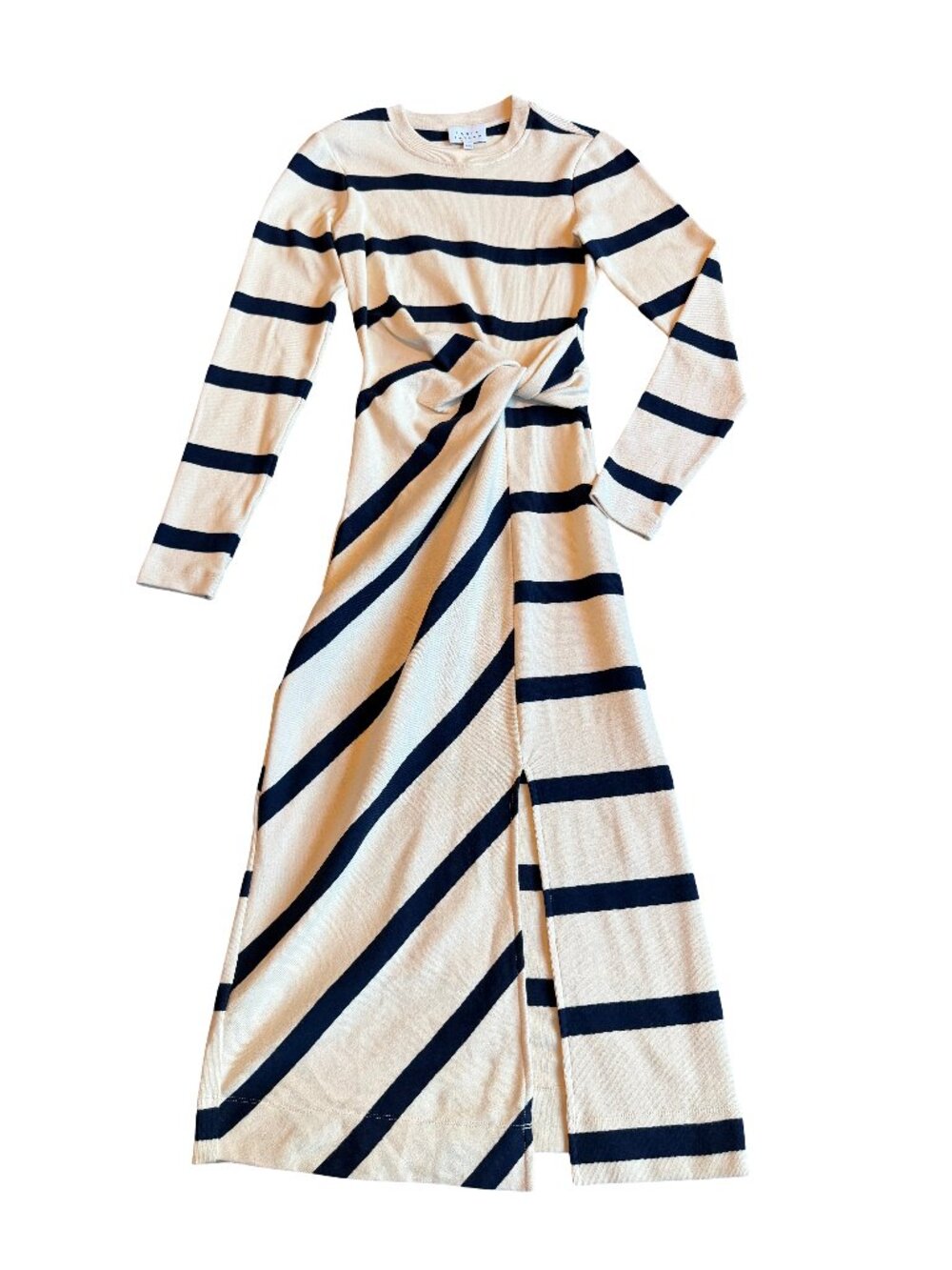 Tanya Taylor Cream Black Striped Twist Knot Midi Dress Long Knit XX-Small Womens